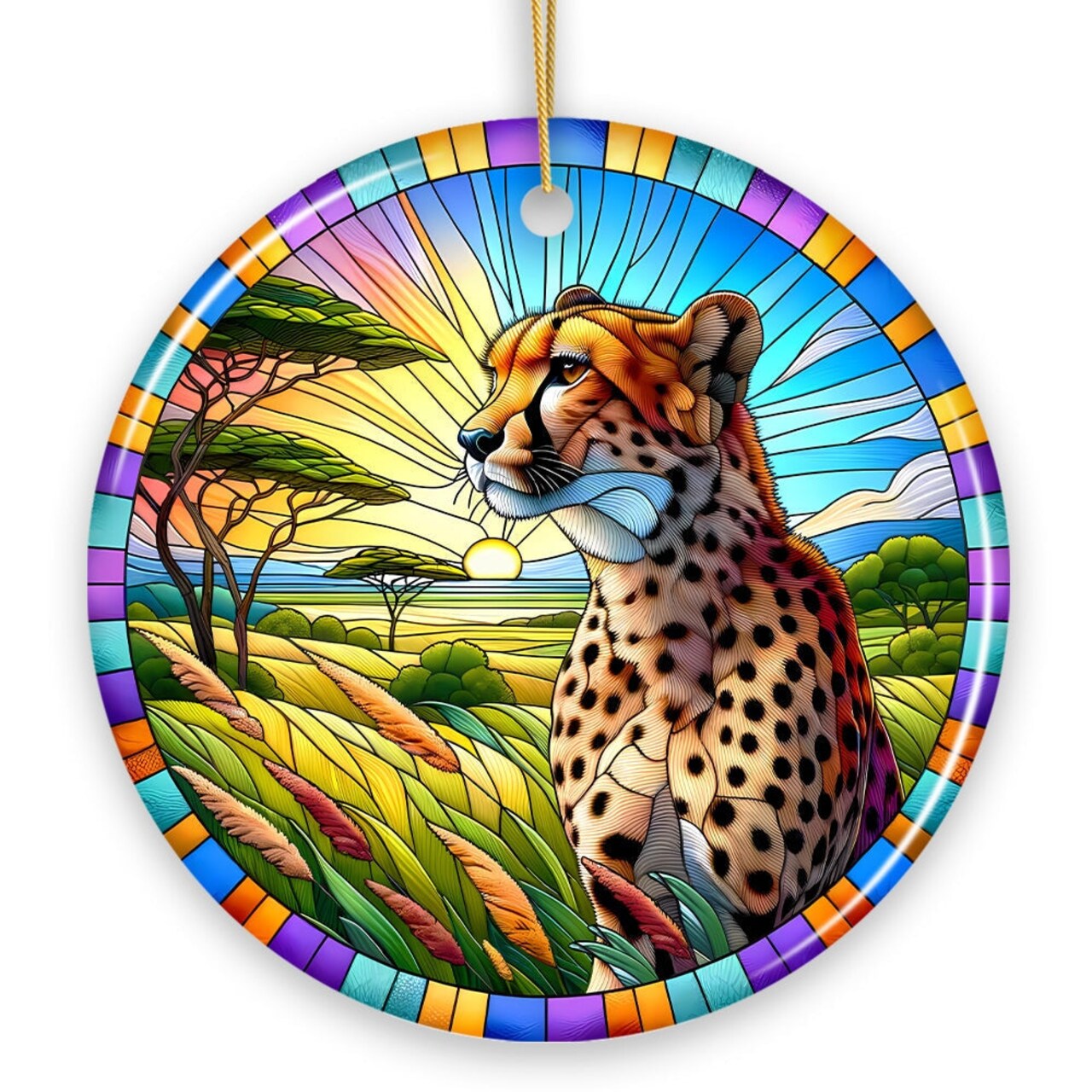 Speed Kings African Cheetah Stained Glass Style Ceramic Ornament, Safari Animals Christmas Gift and Decor